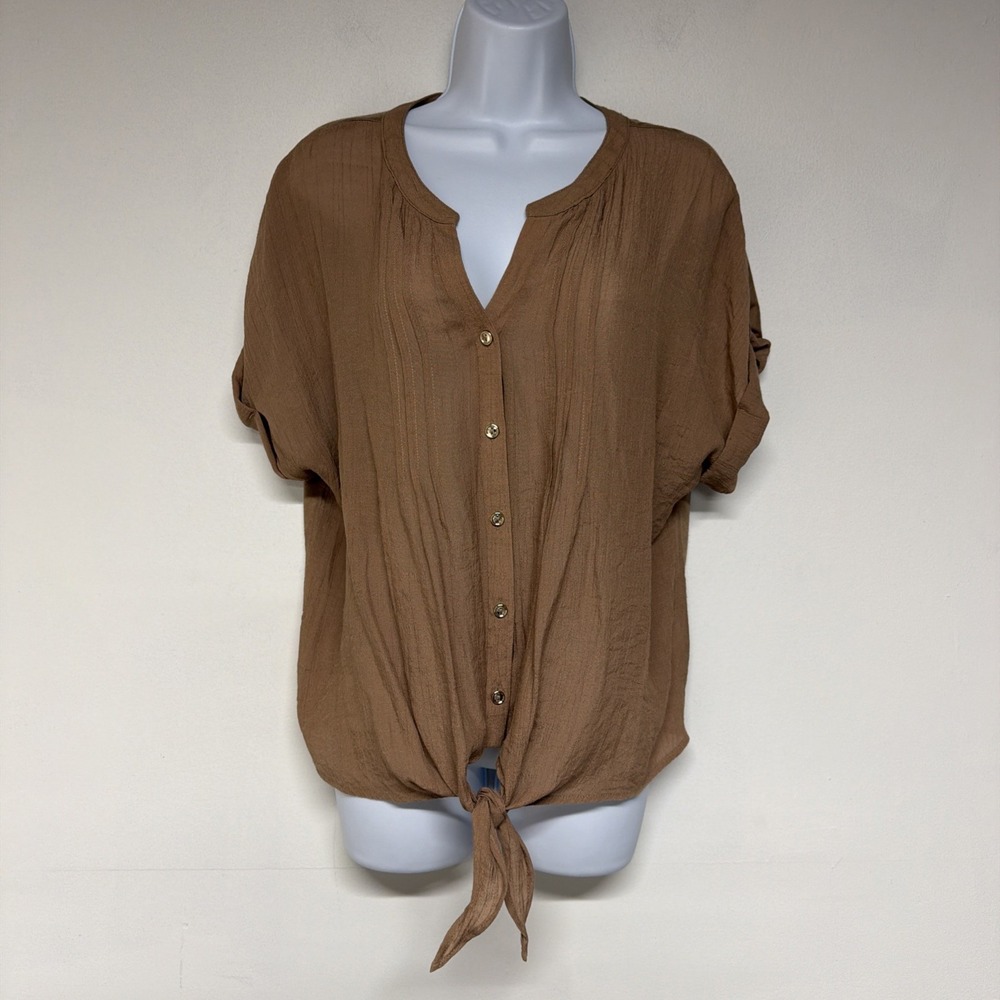Parallel Skies Womens Blouse Size L Brown Boho Peasant Tie Front Button Up